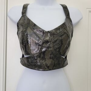 ZARA Faux Snakeskin Cutout Sleeveless Crop Top Ruched Back Green Black Medium